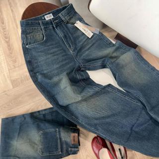 THE QUẠO - Quần Jeans Nữ Lưng Cao Ống Suông Tháo Túi Xanh Bụi Vàng S0608_016 