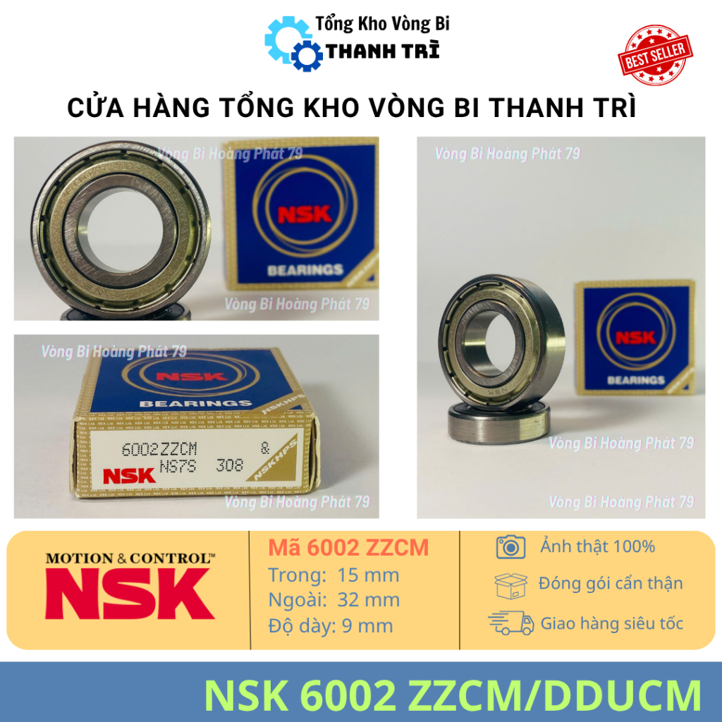 CHÍNH HÃNG Vòng bi NSK 6002 ZZCM/DDUCM 15x32x9mm, Bạc Đạn 6002 máy bơm mini, motor nhỏ, quay mượt. V