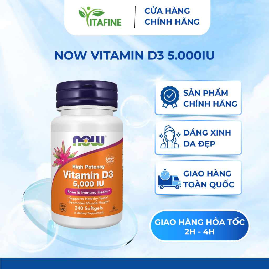 Now Vitamin D3 5000 IU hỗ trợ hấp thu canxi, sức khỏe xương, tăng cường miễn dịch, sức khỏe tổng thể