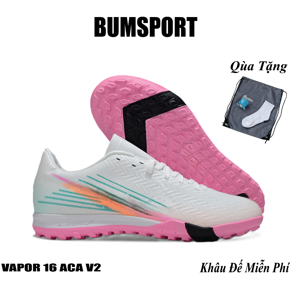 Giày Bóng Đá Vapor 16 aca Trắng Hồng, Không Đệm + Khâu Đế , Tặng Túi + Tất + Băng Keo