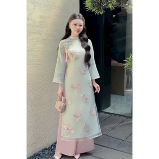  Áo dài cách tân Quỳnh Anh ,Áo dài mới nhất 2025 chất liệu tơ thêu họa tiết đính cúc ngọc phối quần lụa - ZenLy Boutique 