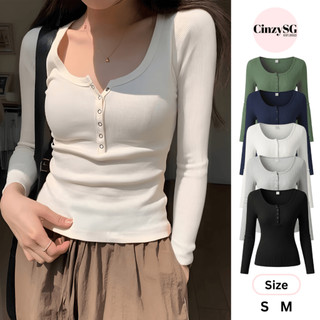 Áo Thun Nữ Tay Dài Cổ U 5 Cúc Bấm Form Ôm Body Gân Tăm Co Giãn Thời Trang TD19 CinZy SG