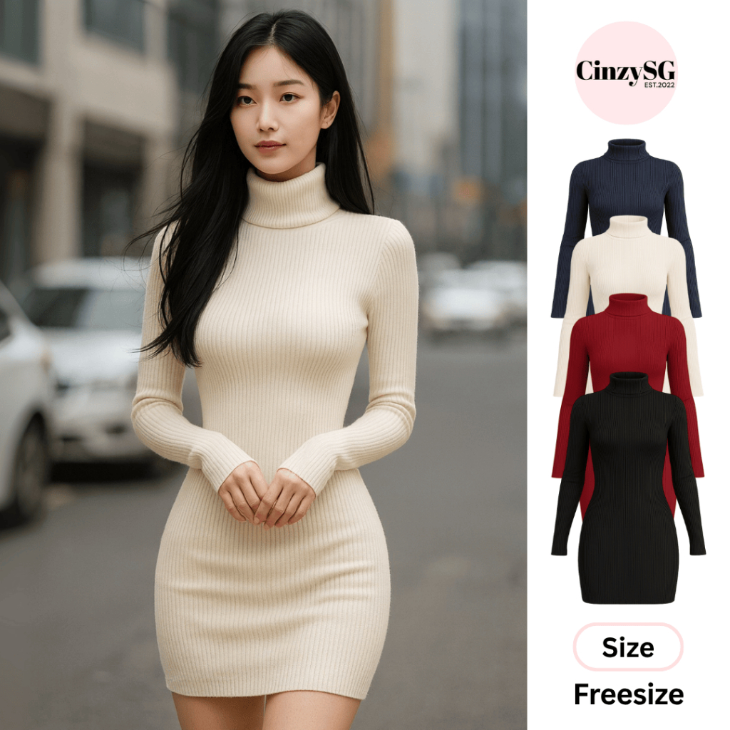 Váy Len Body Nữ Dáng Ôm Cổ Lọ Tay Dài Chất Len Gân Co Giãn Mềm Mịn Thời Trang Thu Đông DB11 CinZy SG