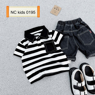Set bộ polo áo sọc trắng đen quần jean đen cá tính cho bé trai 7-26kg-Áo vải mềm mịn, jean dày- Đồ đi chơi phong cách HQ