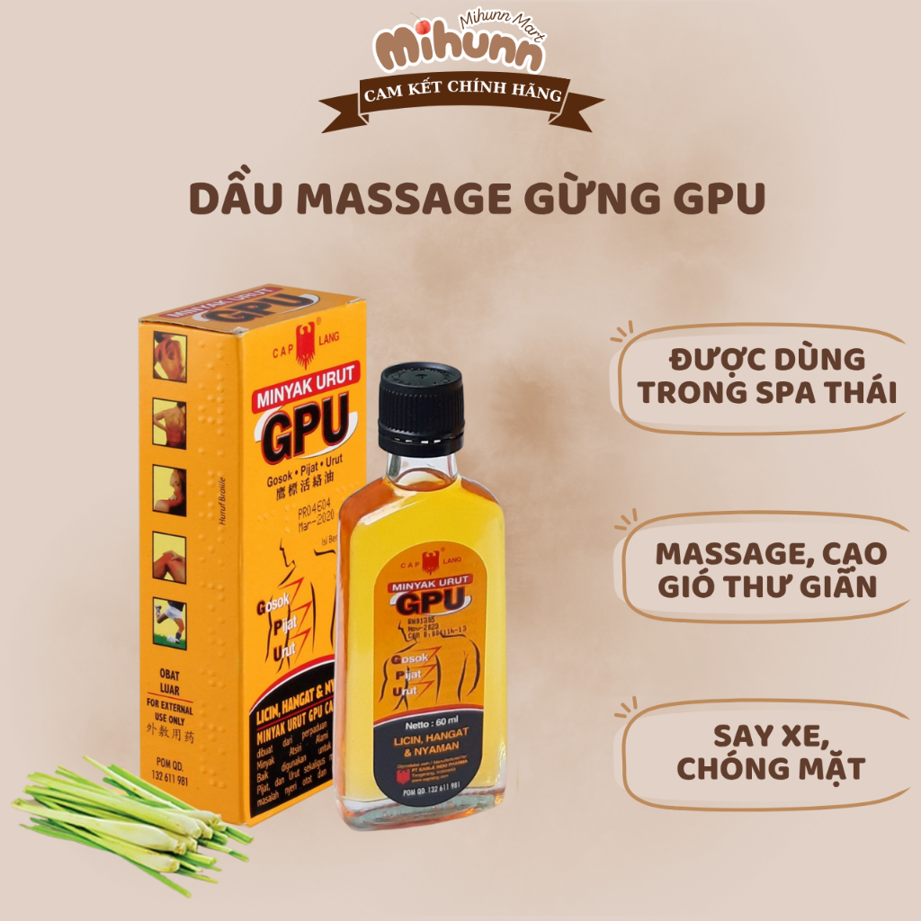 Dầu Gừng GPU xoa bóp, dầu nóng MINYAK URUT GPU 60ml - MIHUN MART
