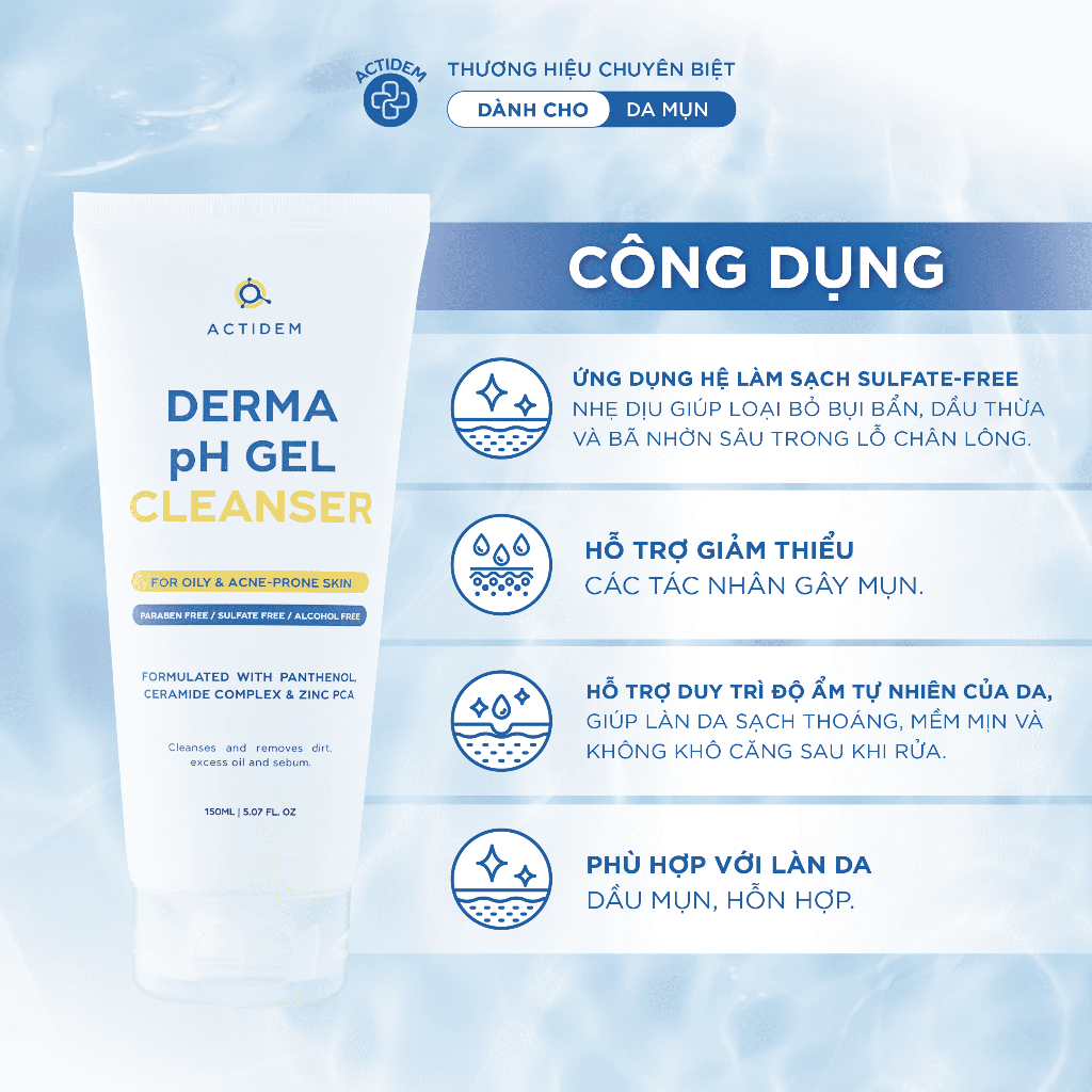Gel rửa mặt cho da dầu, nhạy cảm, da hỗn hợp Actidem Derma pH/Sensitive/Purifying Gel Cleanser 30/150/200ml | BigBuy360 - bigbuy360.vn