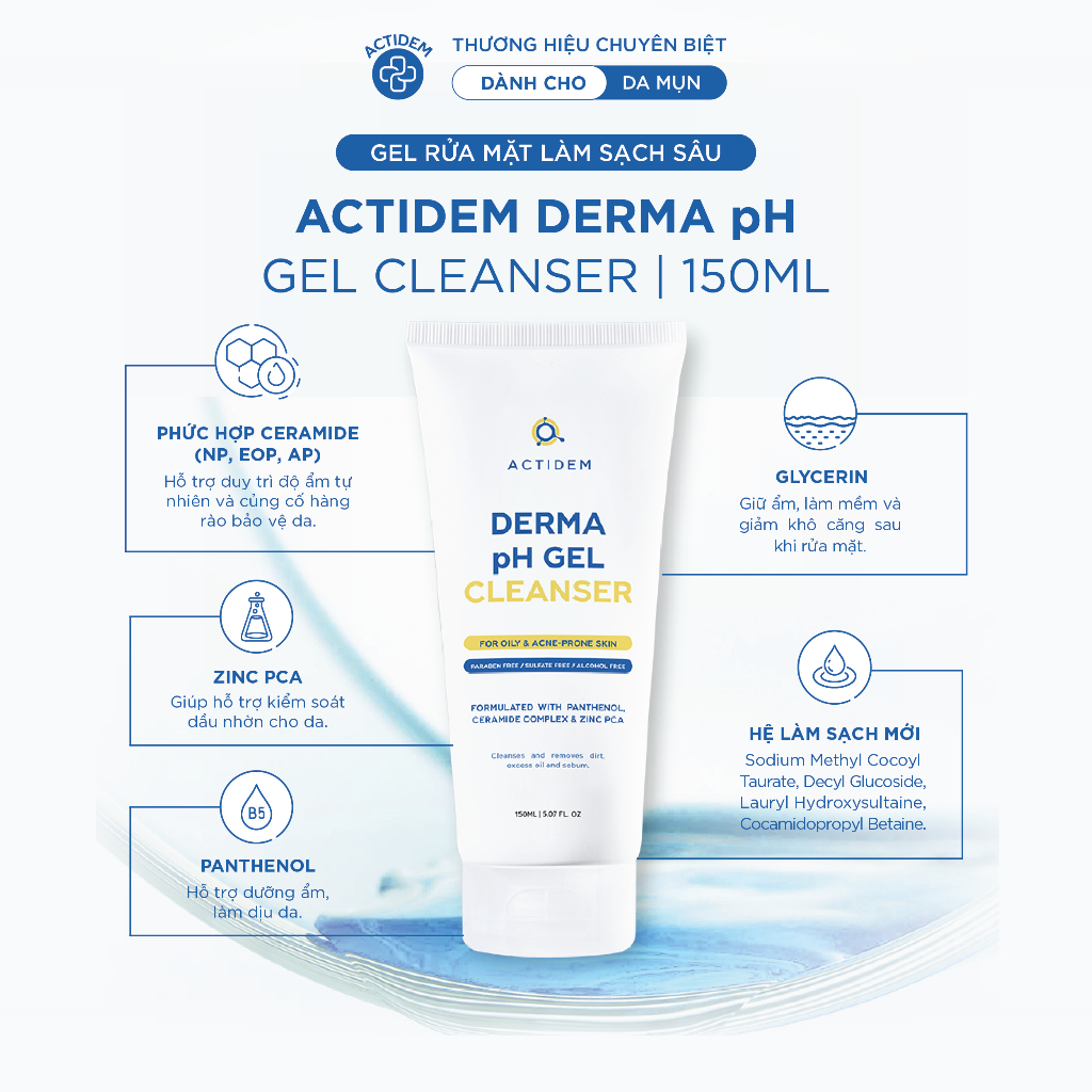 Gel rửa mặt cho da dầu, nhạy cảm, da hỗn hợp Actidem Derma pH/Sensitive/Purifying Gel Cleanser 30/150/200ml | BigBuy360 - bigbuy360.vn