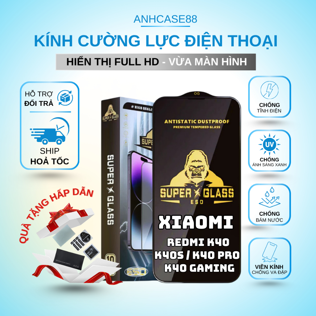 Kính cường lực cho REDMI K40, K40S, K40 PRO, K40 GAMING Super Glas Full Màn Cao Cấp, Siêu Cứng