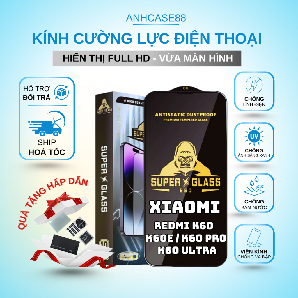 Kính cường lực REDMI K60, K60E, K60 PRO, K60 ULTRA Super Glas Full Màn Cao Cấp, Siêu Cứng
