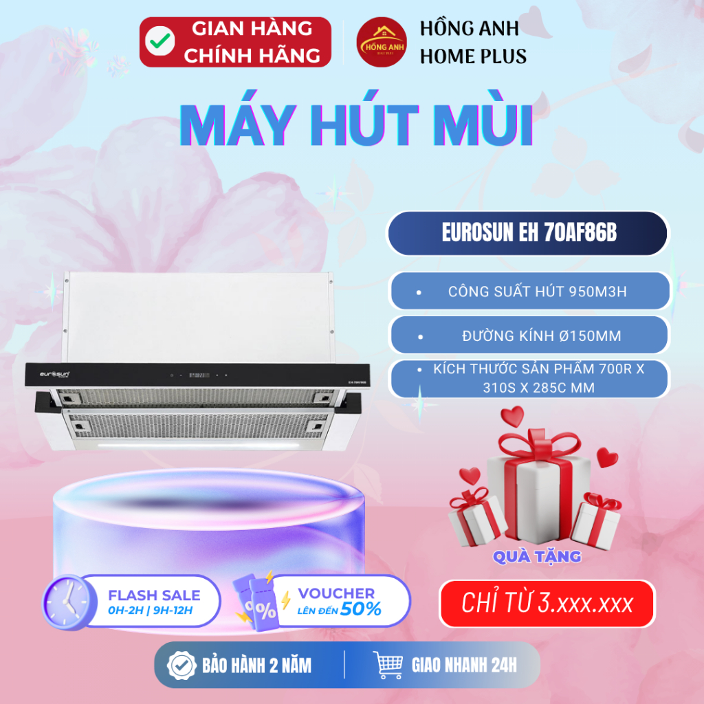 Máy hút mùi âm tủ Eurosun EH 70AF86B, công suất 950m3h, thân sơn tĩnh điện cao cấp, 70cm, hiện đại
