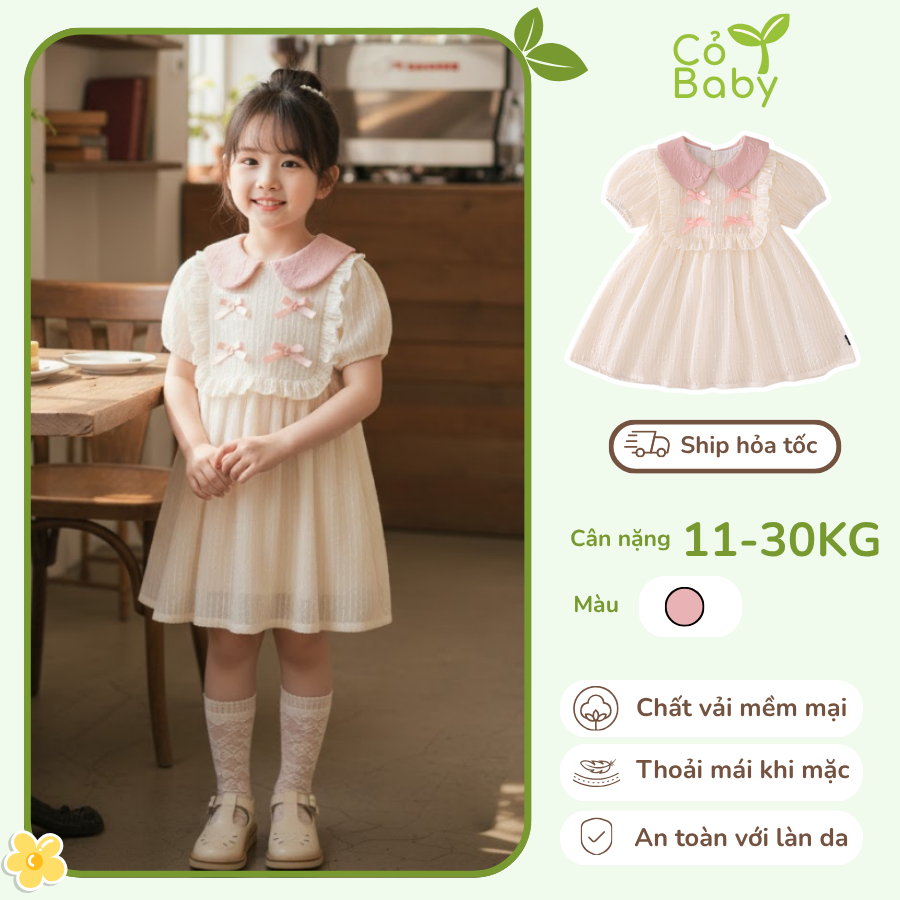 Váy Công Chúa Bé Gái Cỏ Baby Cổ Sen Phối Nơ Trước Ngực, Chất Vải Mềm Mại Phong Cách Tiểu Thư K412550