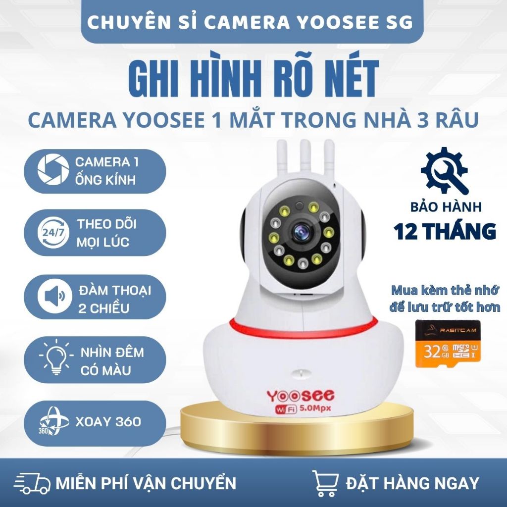 Camera Wifi Yoosee 3 Râu 5.0MPX, Quay 360 Độ, Xem Đêm Có Màu, Đàm Thoại 2 Chiều, Bảo Hành 12 Tháng