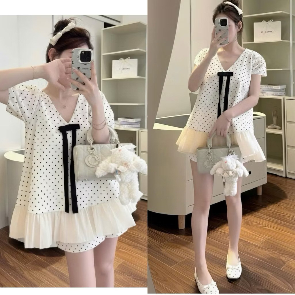 Set Váy Babydoll Kem Bi Cổ V 60-93kg ( Big Size Huỳnh Ngọc )