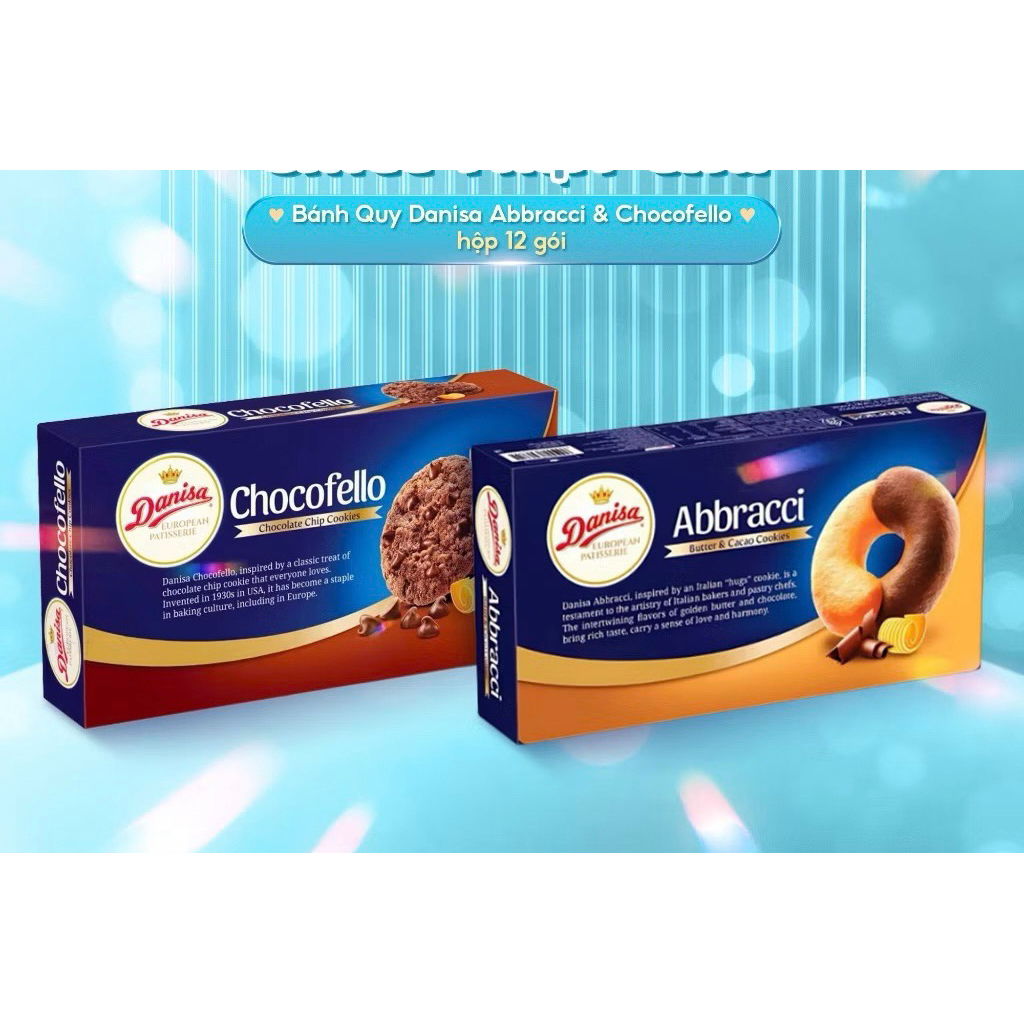 Hộp Bánh Quy Danisa Abbracci Vị Bơ Và Cacao Hộp 168G, Chocofello Vị Socola Chip Hộp 150G