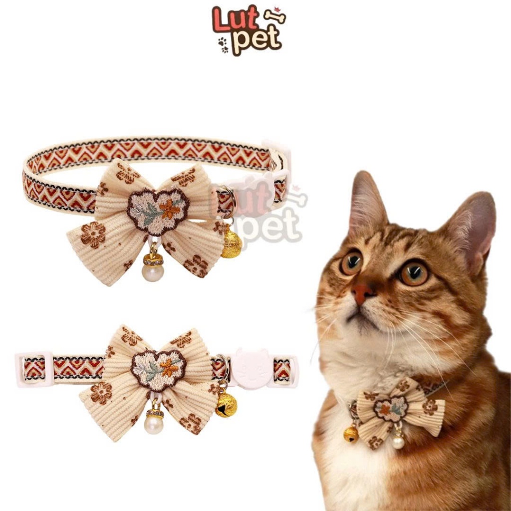Vòng cổ nơ họa tiết vintage cho chó mèo , vòng cổ chuông lục lạc cho thú cưng - lutpet