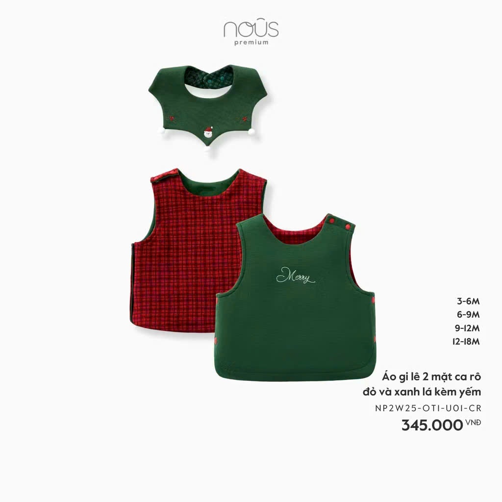 [Nous] (3M-12M) Noel 2025 Áo gile 2 mặt ca rô đỏ và xanh lá kèm yếm