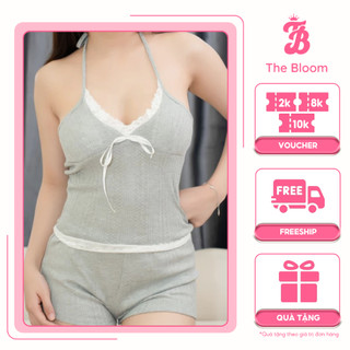 Set Bộ Đồ Ngủ Nữ Áo Cổ Yếm Viền Ren In Hoa Nhí & Quần Mini Cotton Thông Hơi - THE BLOOM SE075
