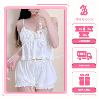  Set Bộ Đồ Ngủ Nữ 2 Dây Babydoll Có Sẵn Mút Mềm Dây Rút Buộc Nơ Quần Đùi Bí Chất Gân Len Cotton - THE BLOOM SE083 