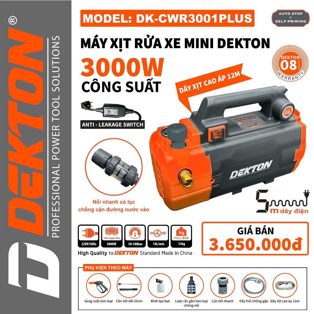 Máy rửa xe DEKTON DK-CWR3001Plus / Bản nâng cấp /Chống giật & Lọc kép