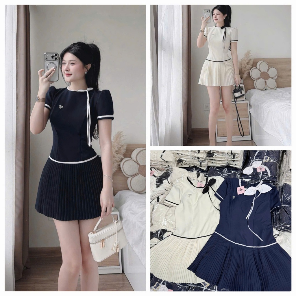 Đầm váy nữ thiết chất mango 2 màu đáng iu cho nàng hẹn hò, đầm cồ tròn viền trắng đính nơ tay ngắn x