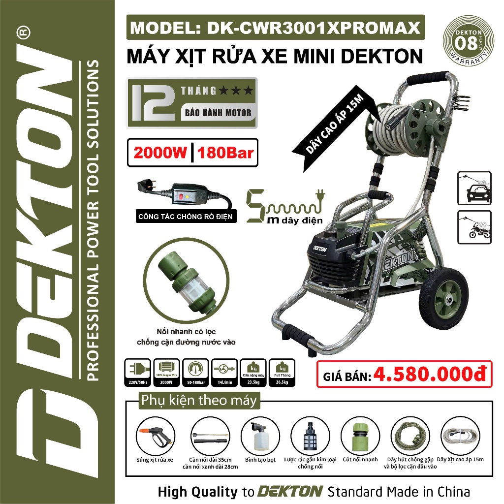 Máy Rửa Xe Dekton DK-CWR3001PROMAX Mẫu mới 2025 / 3000W / Bánh Xe Đẩy Và RULO Dây 15M