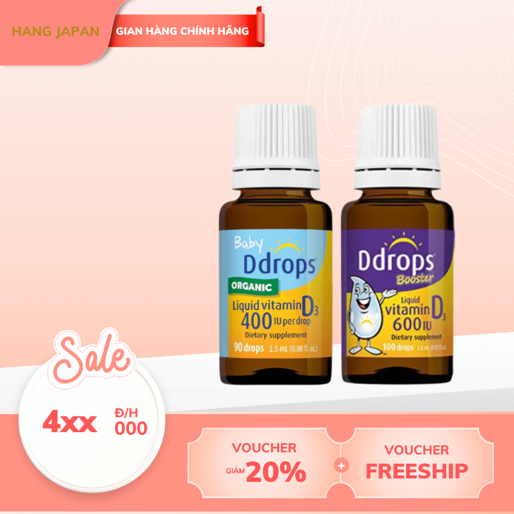 D3 Thuần Organic Ddrops 400IU Và D3 Ddrops 600IU dạng lỏng nhỏ giọt giúp bé mạnh khỏe cao lớn
