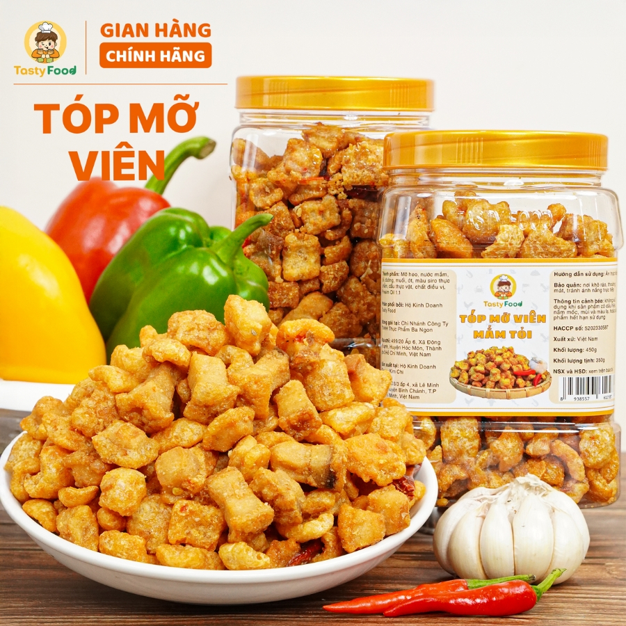 Tóp mỡ viên mắm tỏi da giòn Tasty Food - Hũ vuông 450g