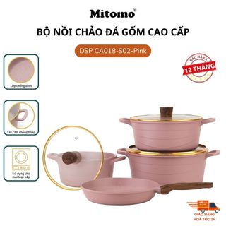  Bộ 4 nồi chảo đá gốm cao cấp đa năng Mitomo DSP CA018-S02-Pink chống dính vượt trội an toàn sức khỏe - Hàng chính hãng 