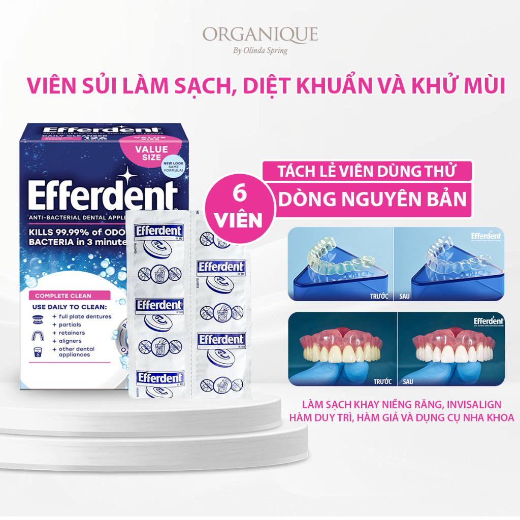 Viên Sủi Làm Sạch Hàm Giả Efferdent Complete Clean Sạch Hàm Duy Trì Invisalign Khử Khuẩn x3 Lần An T