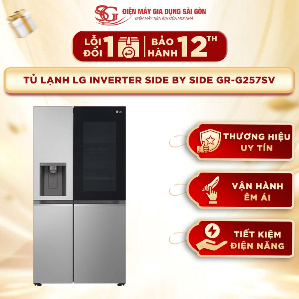 Tủ lạnh LG Inverter 635 lít Side By Side InstaView GR-G257SV - Lấy nước ngoài, Loại Bỏ 99% Vi Khuẩn