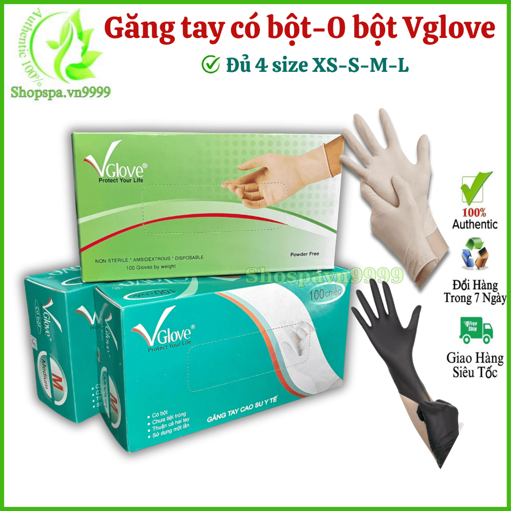 Găng tay cao su co giãn có bột, không bột Vglove, Găng tay cao su Latex co giãn đa năng dùng cho Spa, TMV