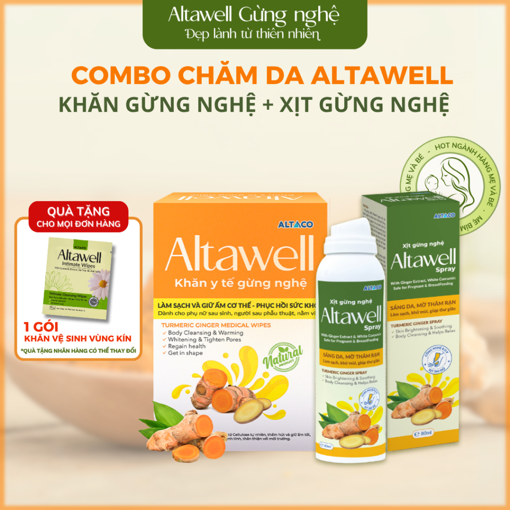 Altawell Combo Khăn Y Tế Gừng Nghệ & Xịt Gừng Nghệ – Hỗ Trợ Làm Sạch, Khử Mùi, Mờ Rạn & Thâm sạm, Hỗ