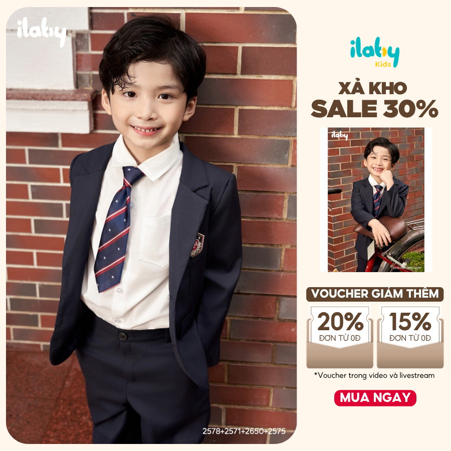 Áo blazer bé trai ILABY vest bé trai đính huy hiệu thiết kế chất tuytsi đứng form xẻ thân sau [2575]