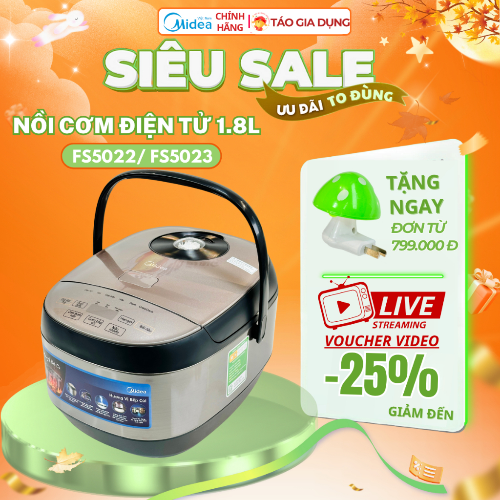 Nồi cơm điện tử Midea MB- FS5022/FS5023 - 1,8 Lít, Lòng niêu dày, Hẹn giờ tiện lợi, Cơm dẻo thơm
