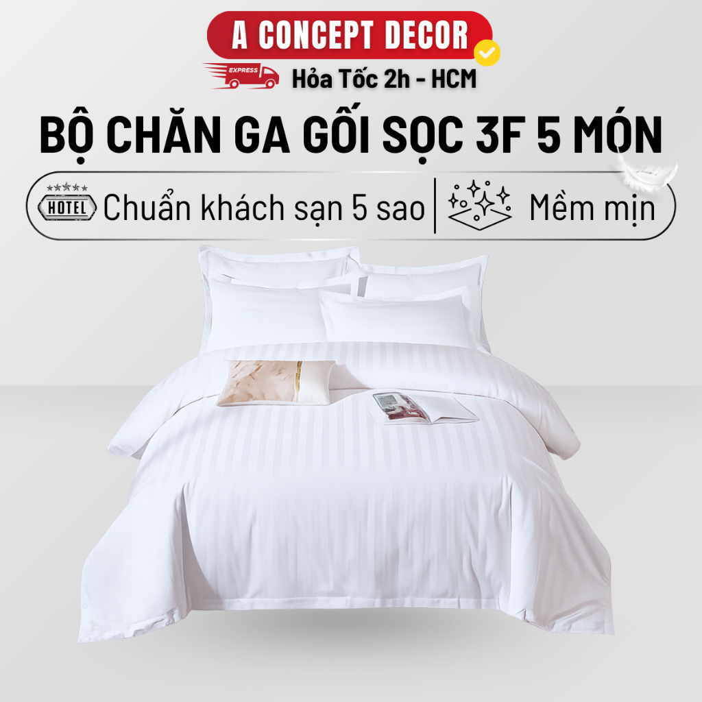 Bộ Vỏ Chăn Ga Gối 5 Món Cotton 3F A Concept Decor Sọc 3 Phân Cao Cấp Vỏ Thoáng Mát Sang Trọng Chuẩn 