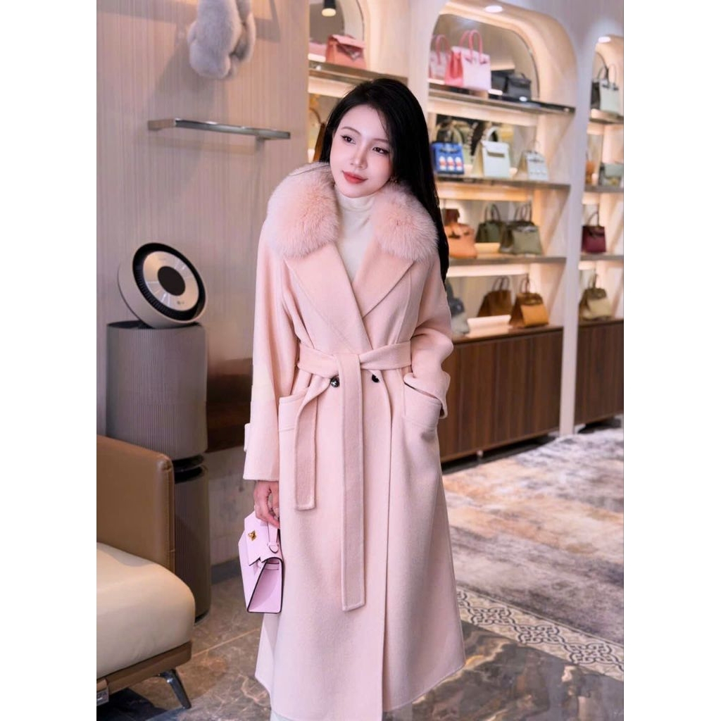 Áo khoác mangto dạ ép lông cừu 2 mặt cổ lông cao cấp