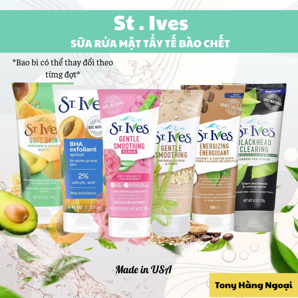 Sữa Rửa Mặt St.Ives Trà Xanh 170g – Làm Sạch Sâu, Tẩy Da Chết Tự Nhiên, Giảm Mụn & Dịu Da Nhạy Cảm – Tony Hàng Ngoại