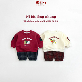  Bộ quần áo đáp tay gồm áo Noel nỉ lót lông nhung và quần dạ kẻ caro cho bé Hokiha vải mềm mịn ấm áp size 8-17kg B298 