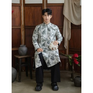 Áo dài nam Gấm Đào Đen có cầu vai BIGSIZE 105kg [KHÔNG KÈM QUẦN]