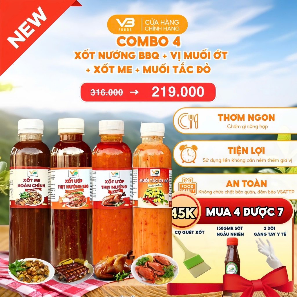 [COMBO 4 BBQ + Muối Ớt + Xốt Me + Muối Tắc Ớt Đỏ - Trọn bộ nấu – nướng – chấm đủ vị VB FOOD