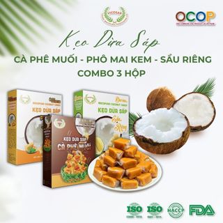  COMBO 3 Kẹo dừa sáp VICOSAP cà phê muối phô mai kem sầu riêng kẹo mềm dẻo ít đường hộp 100g 