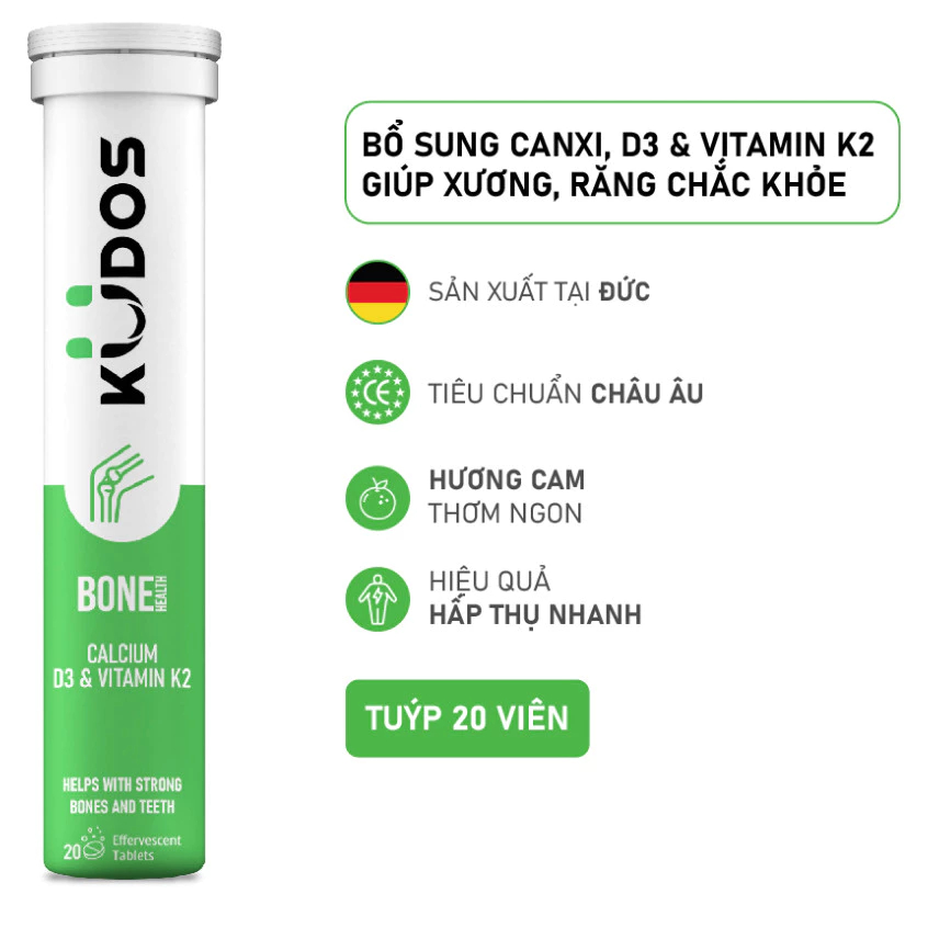 Viên Sủi Kudos Bone Calcium D3 K2 - Hỗ Trợ Chắc Khỏe Xương - Tuýp 20 Viên