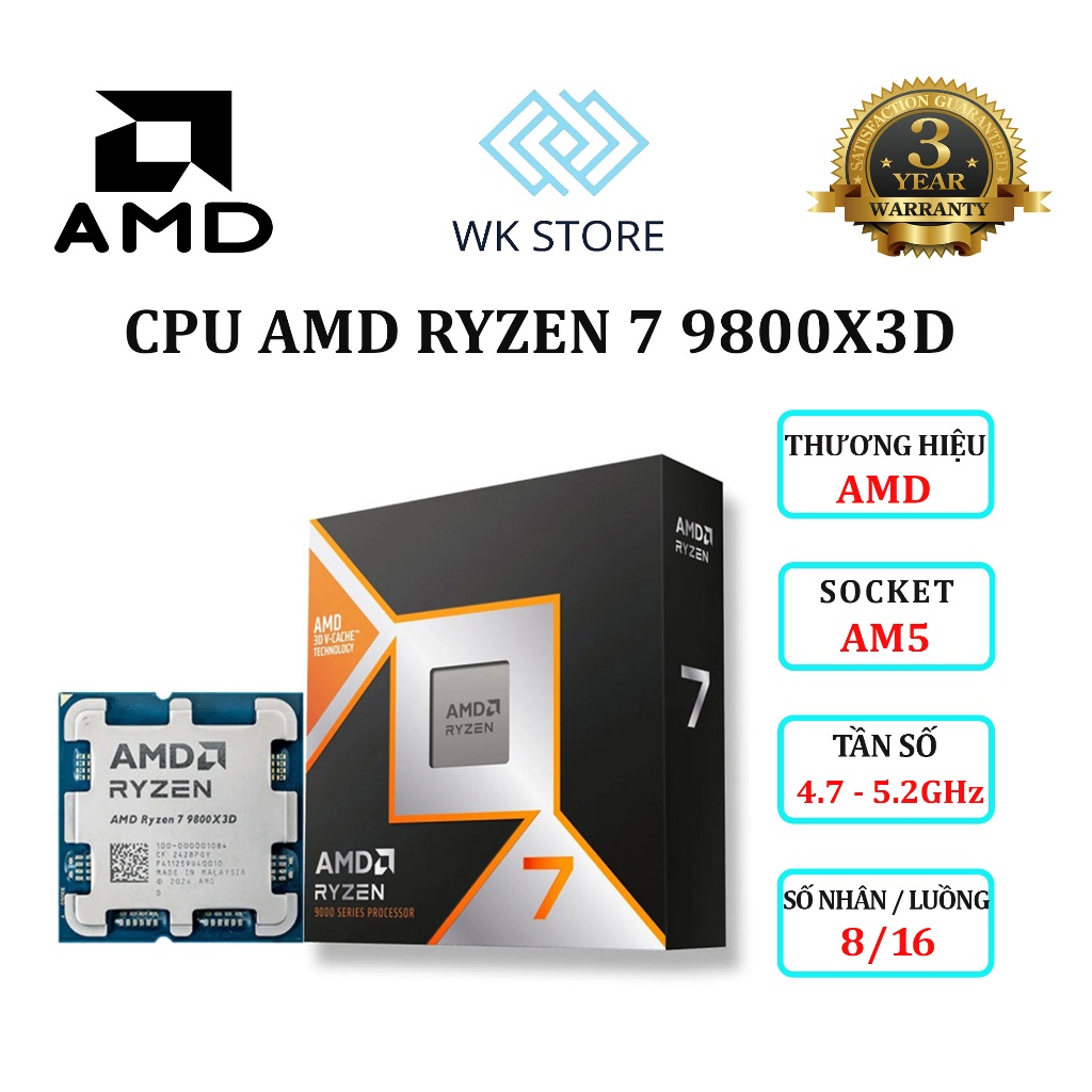 CPU AMD Ryzen 7 9800X3D | 4.7GHz up to 5.2GHz | 8 nhân 16 luồng | AM5 | Mới, Bảo Hành 36 Tháng