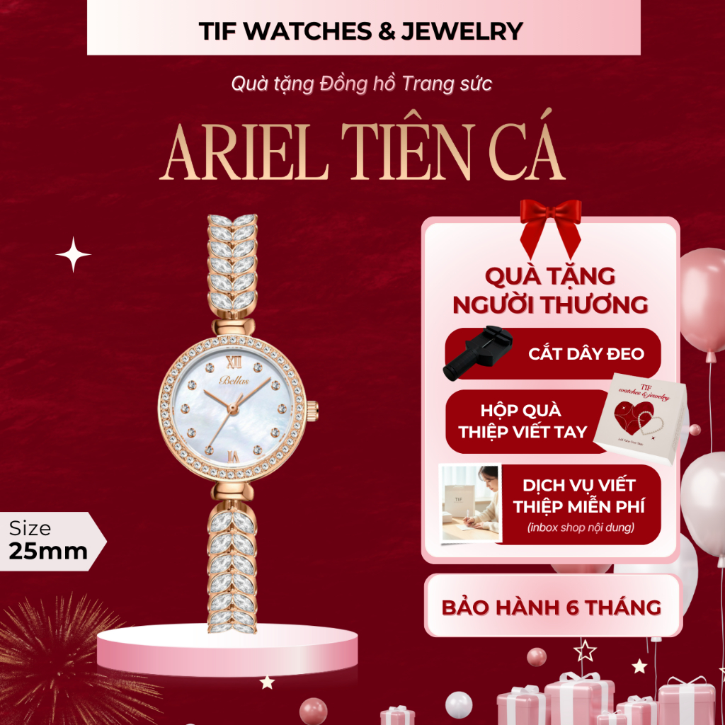 Đồng Hồ Đeo Tay Nữ ARIEL Tiên Cá Tif Watches Khảm Đá Sang Trọng Dây Thép Không Gỉ Dành Cho Tay Nhỏ