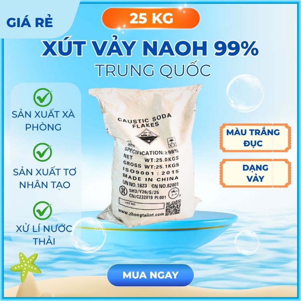 XÚT VẢY NAOH 99% TRUNG QUỐC - BAO 25KG - Natri Hydroxit - Sodium Hydroxide - Phôi xà phòng