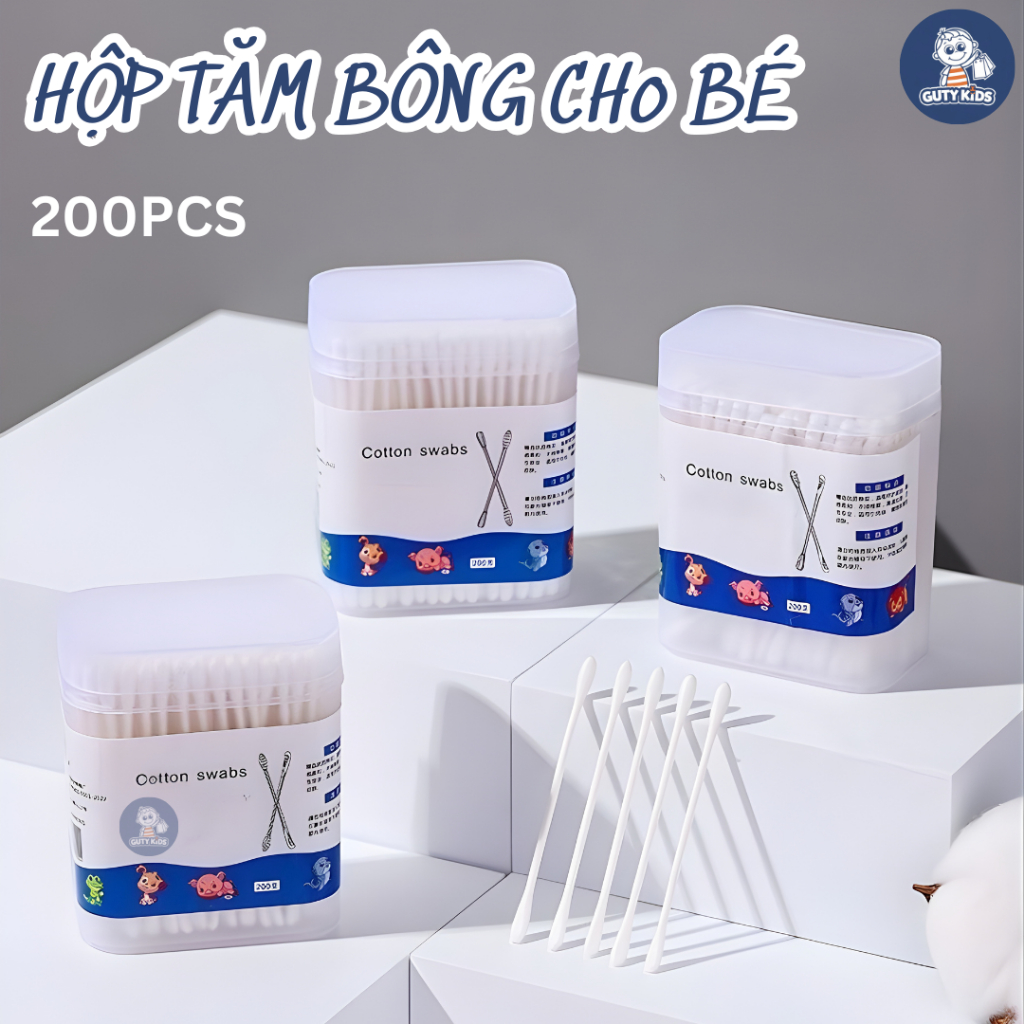 Combo 5 Hộp Tăm Bông Cho Bé Sơ Sinh GutyKids Hộp 200 Que, An Toàn, Mềm Mại, Dễ Sử Dụng