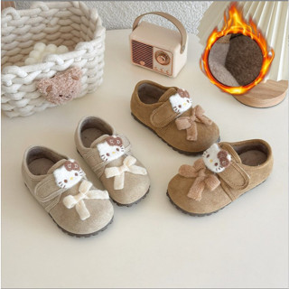  Sz 21-30 Giày Da Lộn Nâu Mèo Hello Kitty Lót Lông Quai Dán Cho Bé Gái K177 