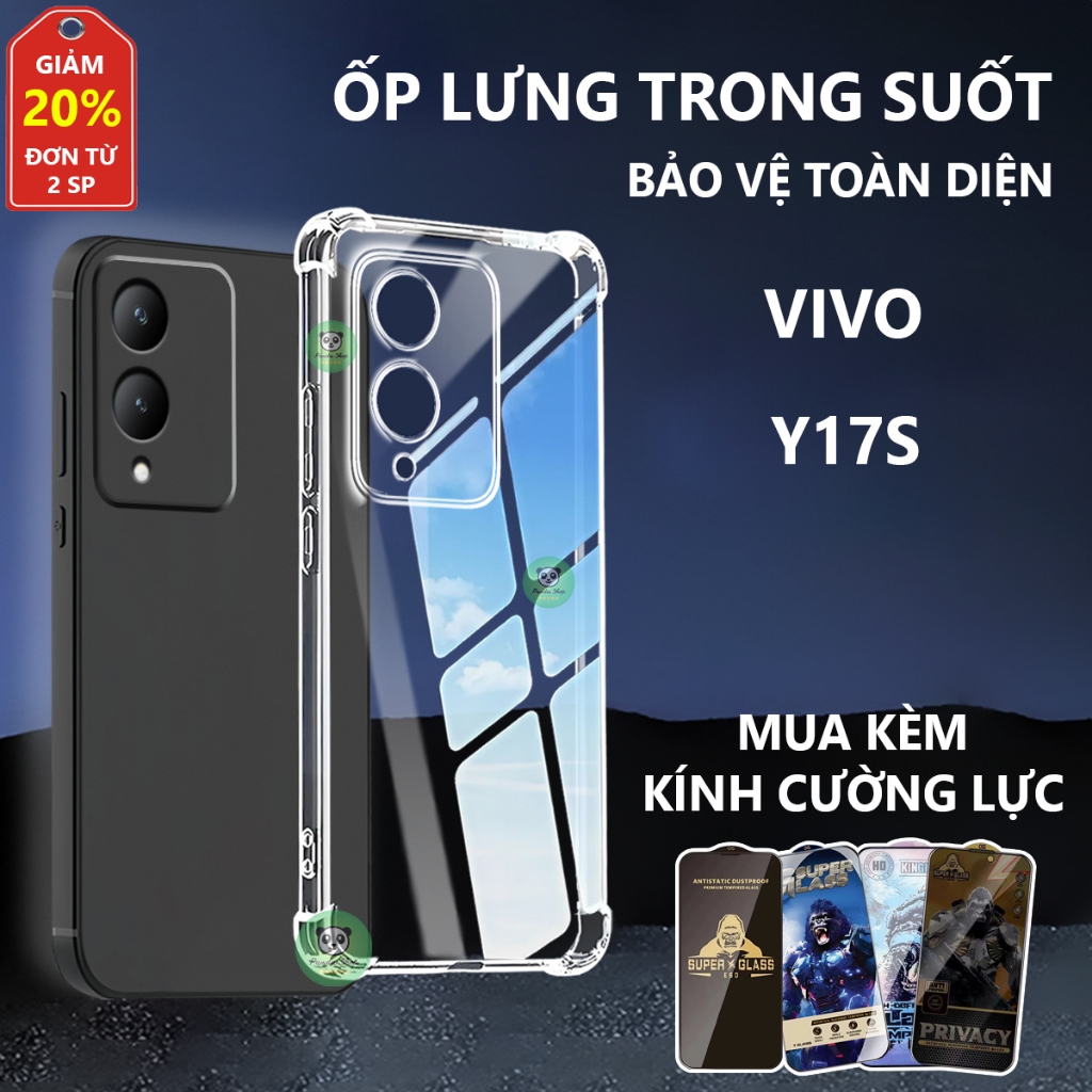 Ốp lưng Vivo Y17S chống sốc, trong suốt, silicon, bảo vệ camera-PANDA
