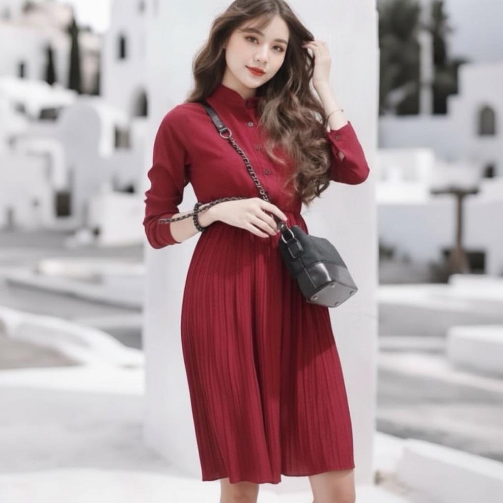 Đầm midi váy đỏ cổ trụ, váy dự tiệc, váy noel, váy tết (kèm hình thật)
