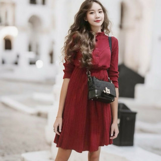 Đầm midi váy đỏ cổ trụ, váy dự tiệc, váy noel, váy tết (kèm hình thật)